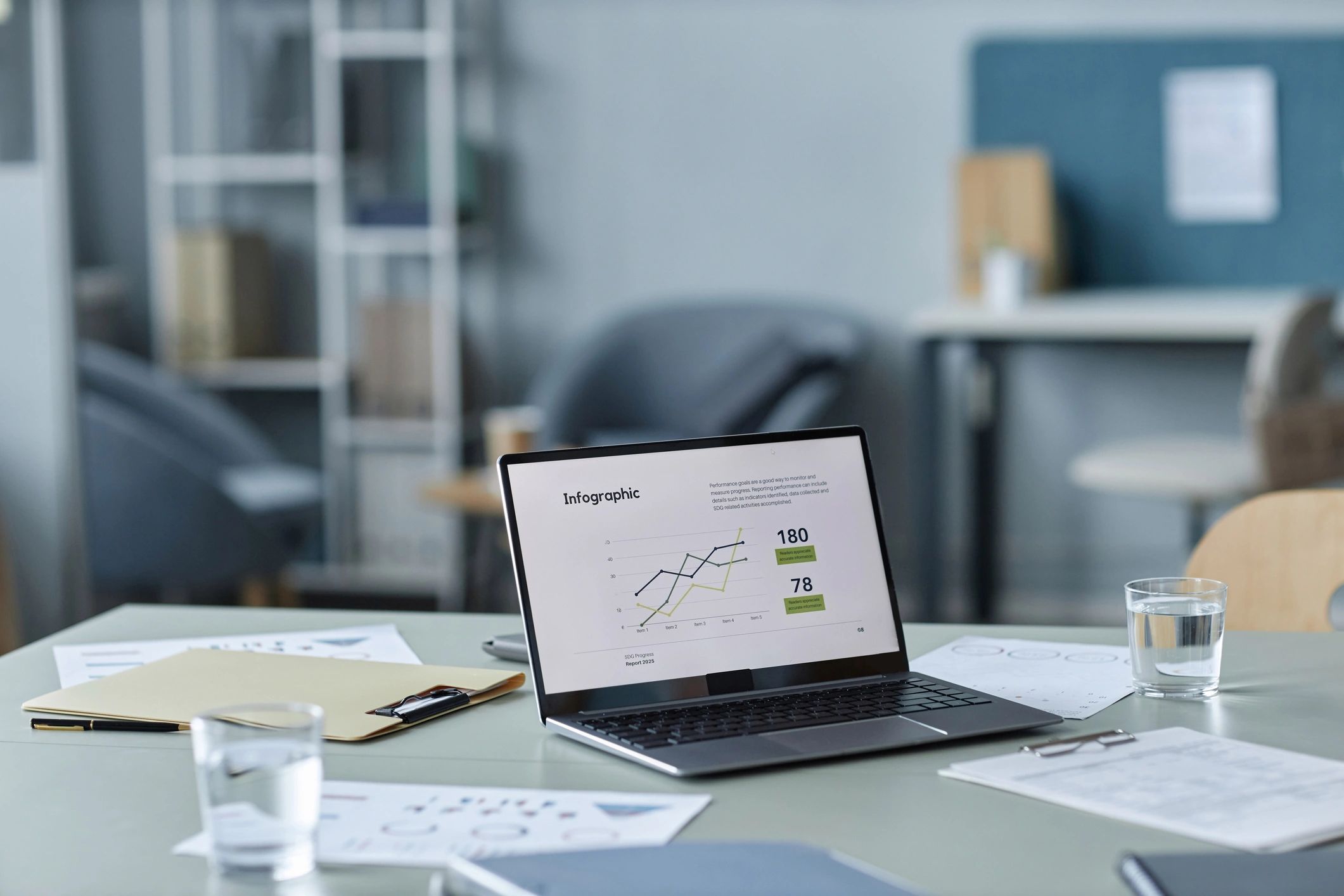 Laptop displaying business analytics dashboard in a modern office
