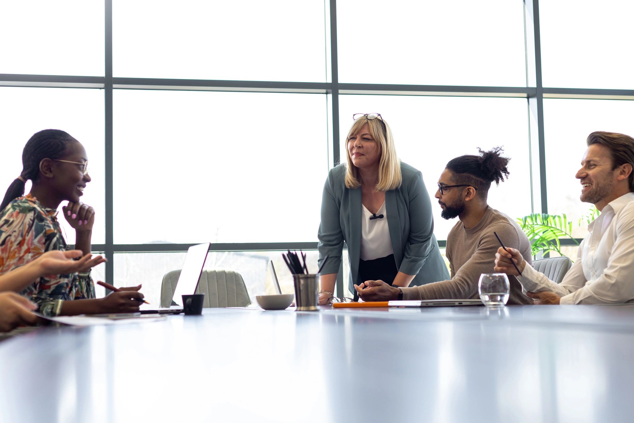 Business team collaborating in a modern conference room