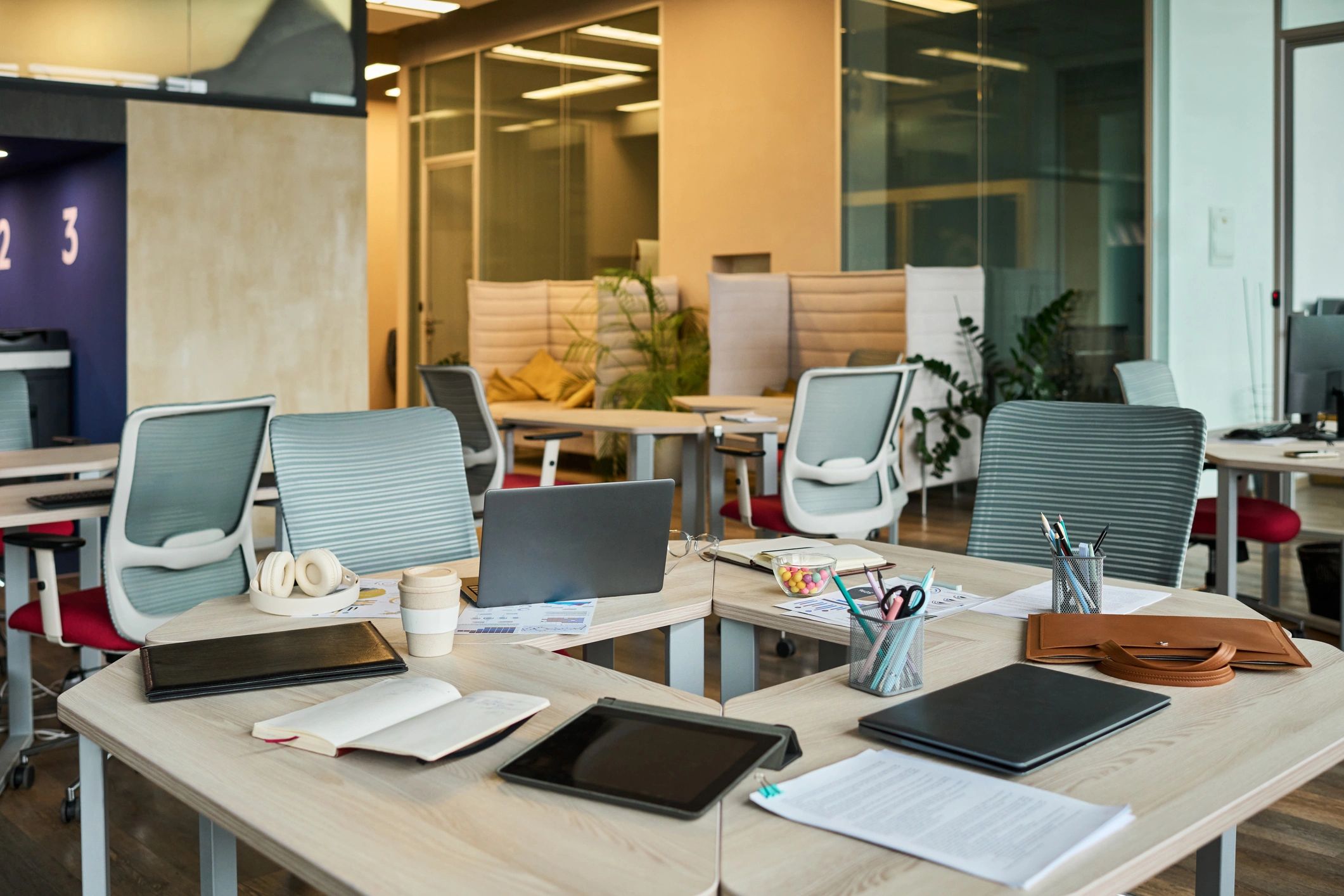 Modern office workspace prepared for team collaboration